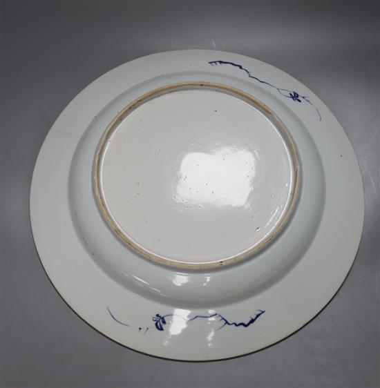 A Chinese blue and white charger, Qianlong period, restored crack
